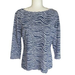 J. McLaughlin Blue & White Tiger Zebra Print Striped Button Detail Top - L